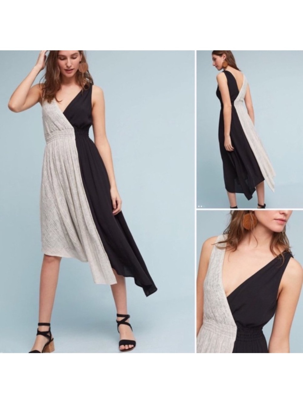 Anthropologie One-Shoulder Black and Cream Two-Tone Midi Dress